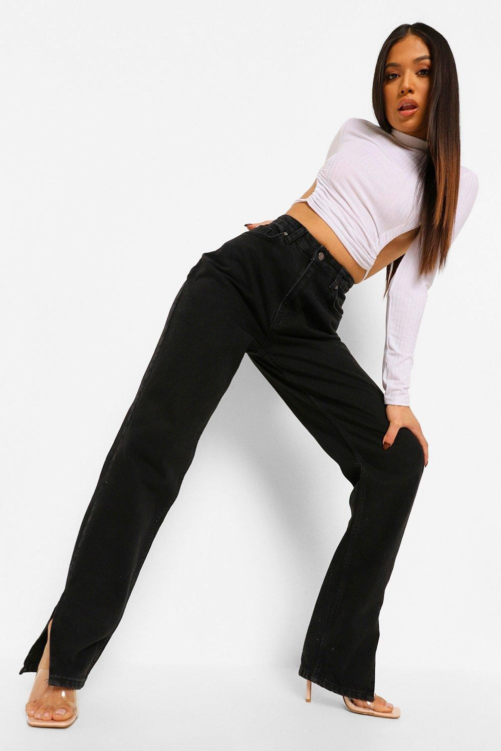 Womens Petite Side Split Hem Jean - Black - 10 | Boohoo.com (US & CA)