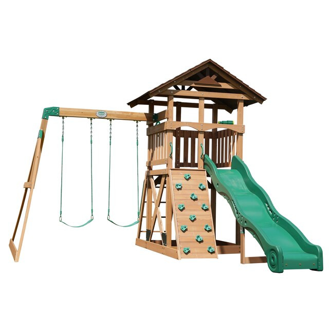 Backyard Discovery Lightning Ridge Residential Wood Playset with 2 Swings and Slide Included | Lowe's