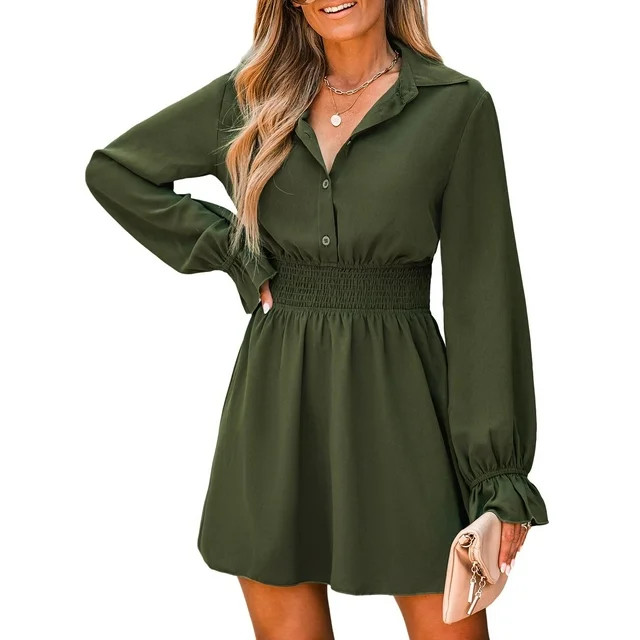 CUPSHE Women's Smocked Button-Front Mini Dress Long Sleeves Dresses Short Dressing Casual - Walma... | Walmart (US)