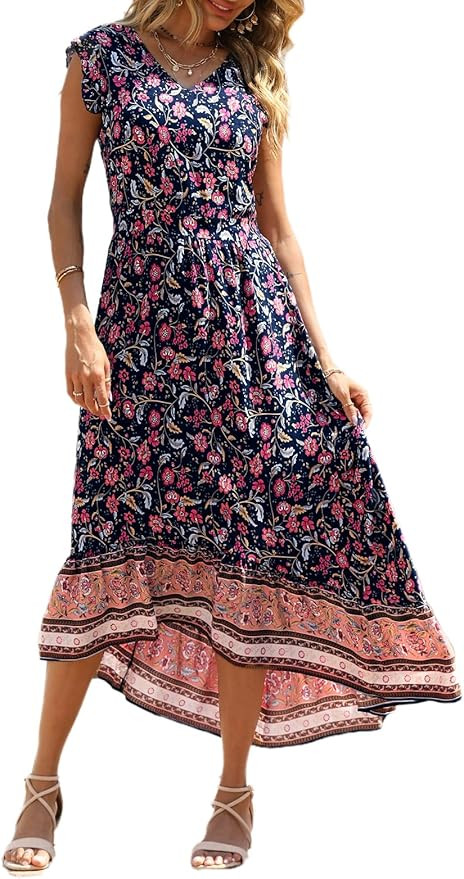PRETTYGARDEN Women's Summer Maxi Dress Casual Floral V Neck Cap Sleeves Boho High Low Flowy Midi ... | Amazon (US)