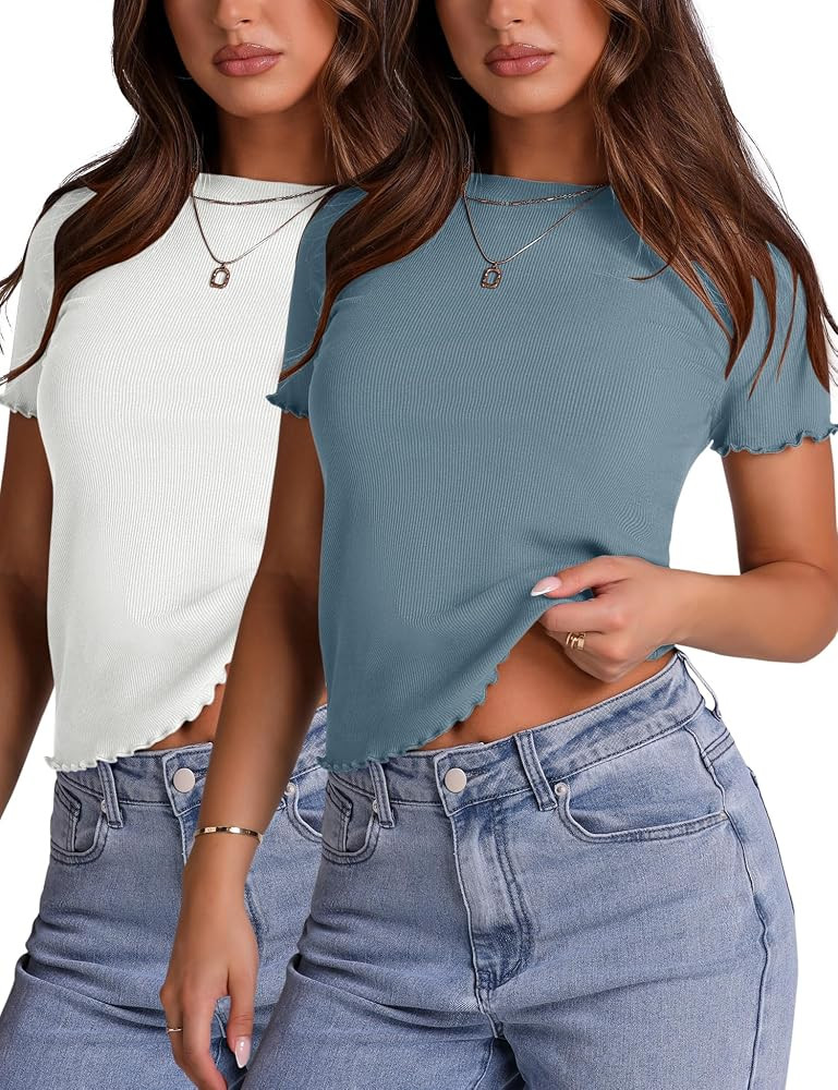 LOMON Women's Crew Neck Short Sleeves T Shirts Ribbed Fitted Summer Basic Tees Lettuce Trim Going... | Amazon (US)