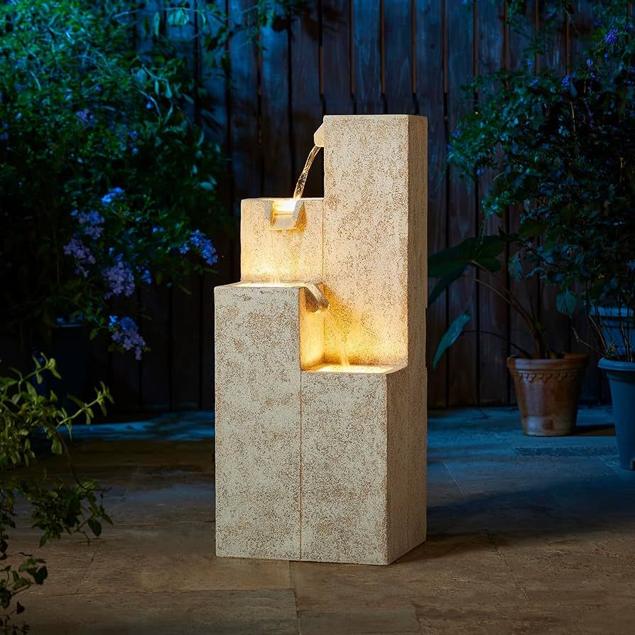 Glitzhome 34" H Outdoor Water Fountain with LED Light and Pump, 4-Tier Vintage Faux Terrazzo Geom... | Amazon (US)