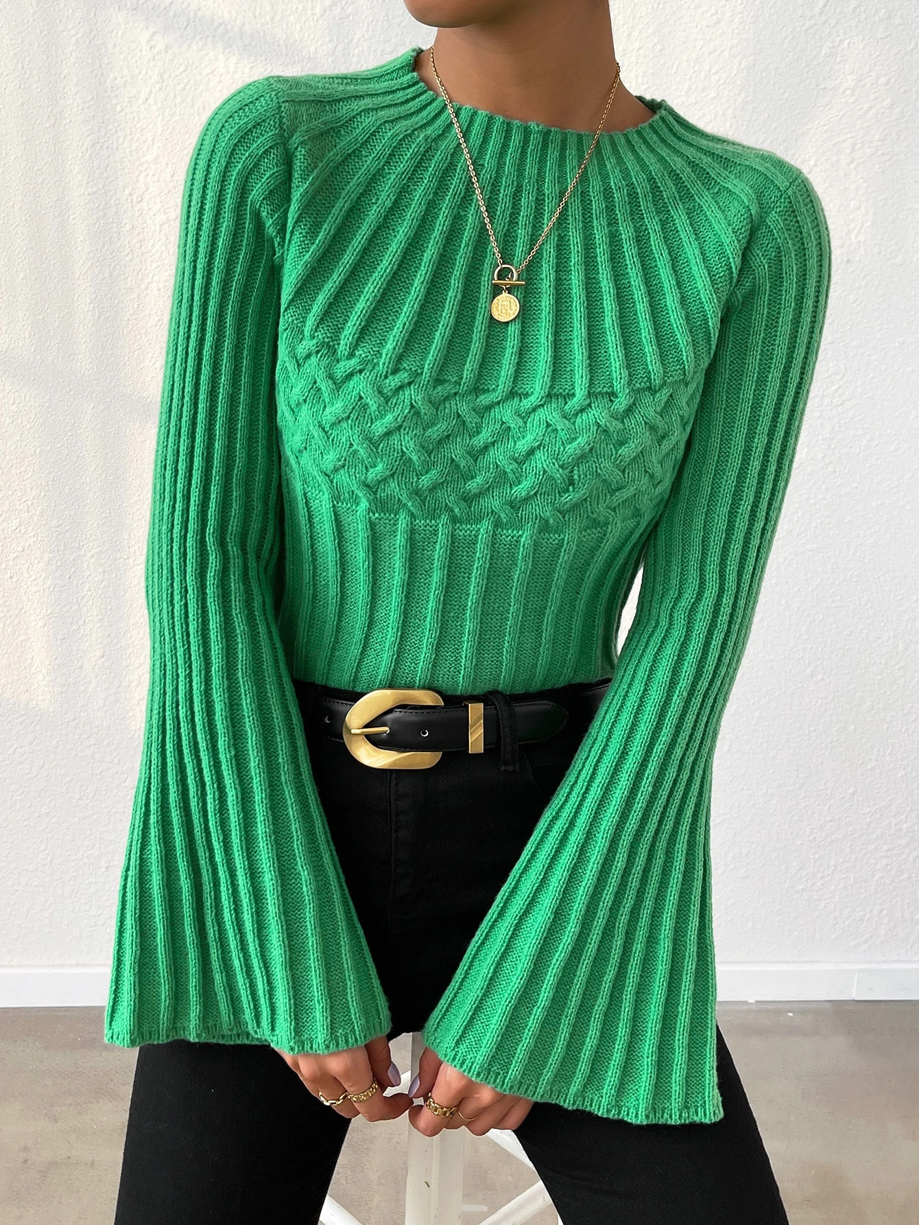 SHEIN Privé Cable Knit Bell Sleeve Sweater | SHEIN