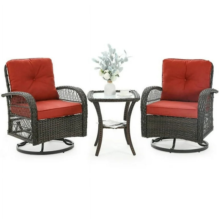 Techmilly 3 Pieces Patio Furniture Set, Outdoor Swivel Gliders Rocker, Glass Top Side Table  (Red... | Walmart (US)