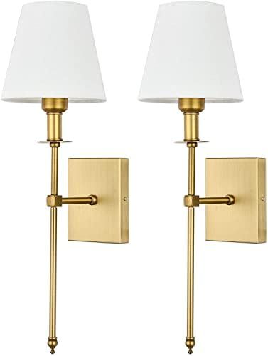Passica Decor Modern Antique Brass Wall Sconce Set of Two, with Vertical Rod and White Fabric Fla... | Amazon (US)