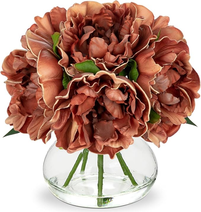 Hollyone Coffee Peonies with Vase Fall Flowers Artificial for Decoration Faux Flower Peony Fake F... | Amazon (US)