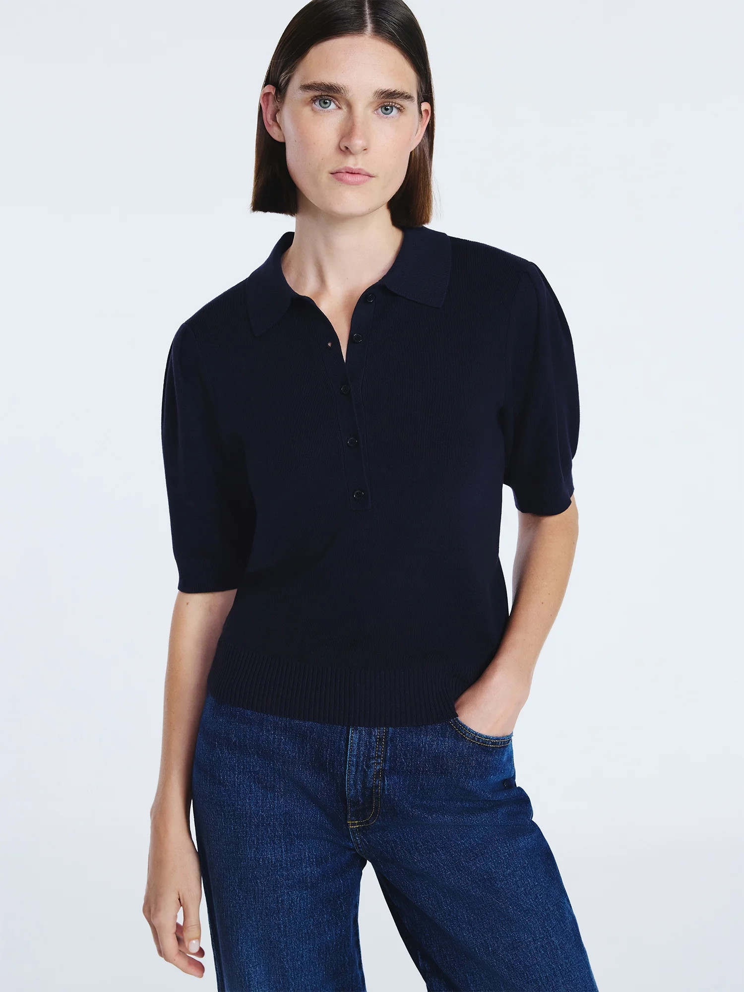 Free Assembly Women's and Women's Plus Collared Sweater Tee with Puff Sleeves, Lightweight, Sizes... | Walmart (US)