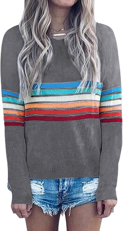 ECOWISH Women's Sweater Rainbow Colorful Striped Sweaters Long Sleeve Crew Neck Color Block Casua... | Amazon (US)