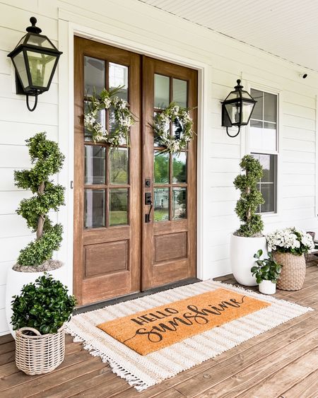 30% off sale! Front porch and front door decor trending viral home decor artificial faux plants trees flowers florals greenery faux geraniums hydrangeas doormat and jute scatter rug layered double modern farmhouse southern porch eucalyptus tree African sunflower wreath lantern, outdoor light fixtures, wall sconces lighting jute rug is 4x6  and doormat is 2x5 spring and summer home decor spiral boxwood topiary outdoor table planter Spanish moss 

#LTKstyletip #LTKMostLoved #LTKhome