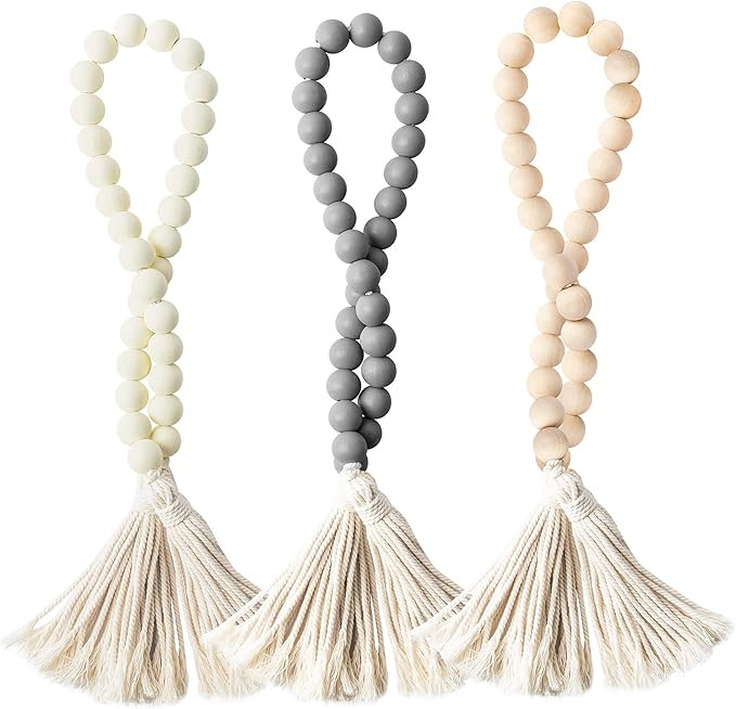 3 Pcs Classic Wood Beads Tassel, 27 Inch White & Beige & Gray Wood Bead Garland Farmhouse Rustic ... | Amazon (US)
