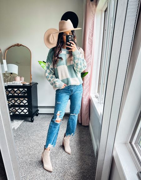 Medium wash straight leg distressed denim— i sized up one (they fit TTS) paired with the prettiest sage green checkered sweater! 

#LTKstyletip #LTKSeasonal #LTKSale