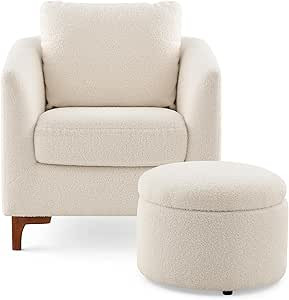 COLAMY Sherpa Accent Chair with Storage Ottoman Set, Upholstered Barrel Club Arm Chair with Footr... | Amazon (US)