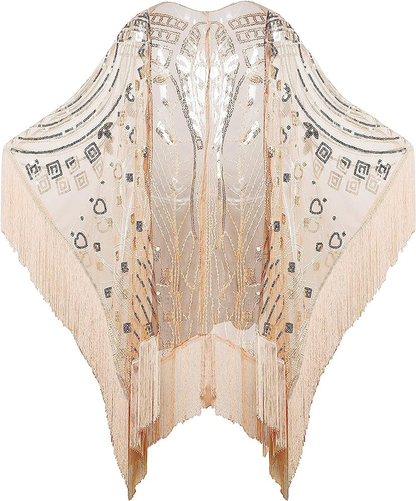 BABEYOND 1920s Sequin Beaded Shawl Wraps Fringed Evening Cape Scarf for Wedding | Amazon (US)