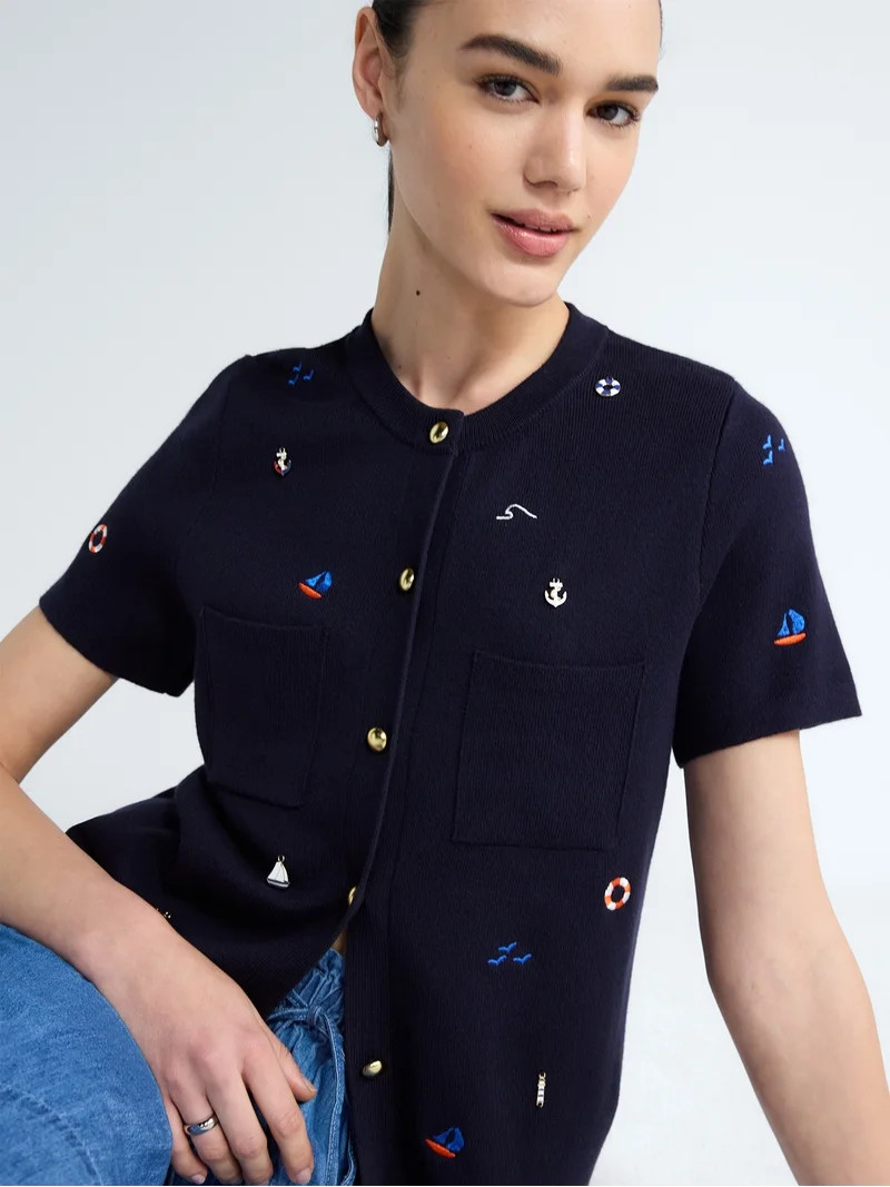 Free Assembly Women's and Women's Plus Embroidered Cardigan Sweater with Short Sleeves, Sizes XS-... | Walmart (US)