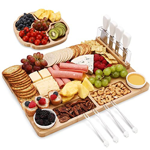 hecef Large Charcuterie Board Set of 13, A Bamboo Cheese Board and Snack Tray, 2 Ceramic Bowls, 4 Server Forks, 4 Knives Set, Appetizer Platter for Birthdays, Weddings, Housewarming | Amazon (US)