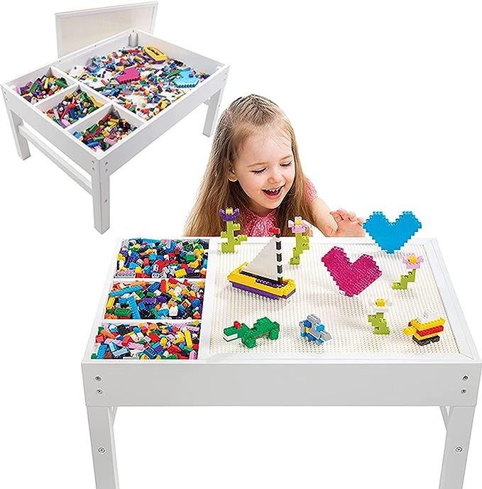 Brick Construction Play Table w 4 Storage Compartments and 1000 Rainbow Bricks - Works w All Majo... | Amazon (US)