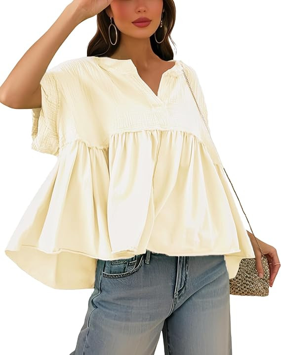 Women's 100% Cotton Peplum Tops V Neck Short Sleeve Babydoll Blouse Flowy Pleated Tunic for Summe... | Amazon (US)