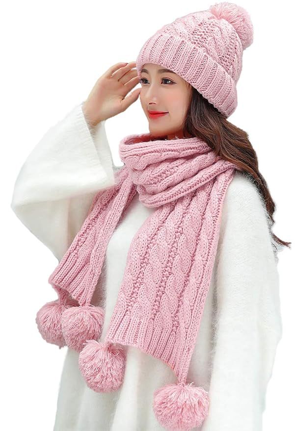 Women's Scarf and Hat 2pcs Set Knitted Warm Skullcaps Thicken Beanie Cap | Amazon (US)