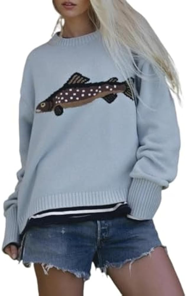 Y2k Fish Graphic Crochet Chunky Sweater Women Vintage Cottagecore Oversized Streetwear | Amazon (US)