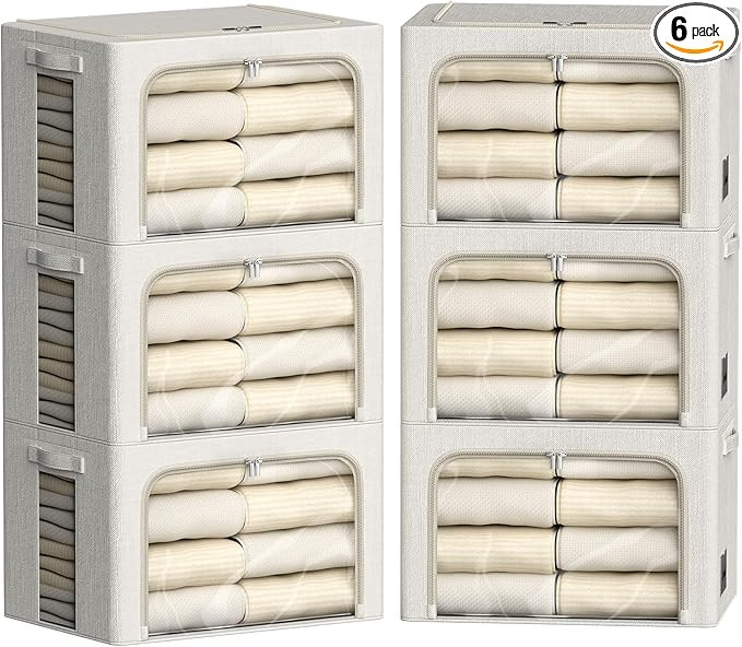 6 Pack Clothes Storage Bins with Metal Frame Foldable Storage Bins for Clothes Linen Fabric Stora... | Amazon (US)