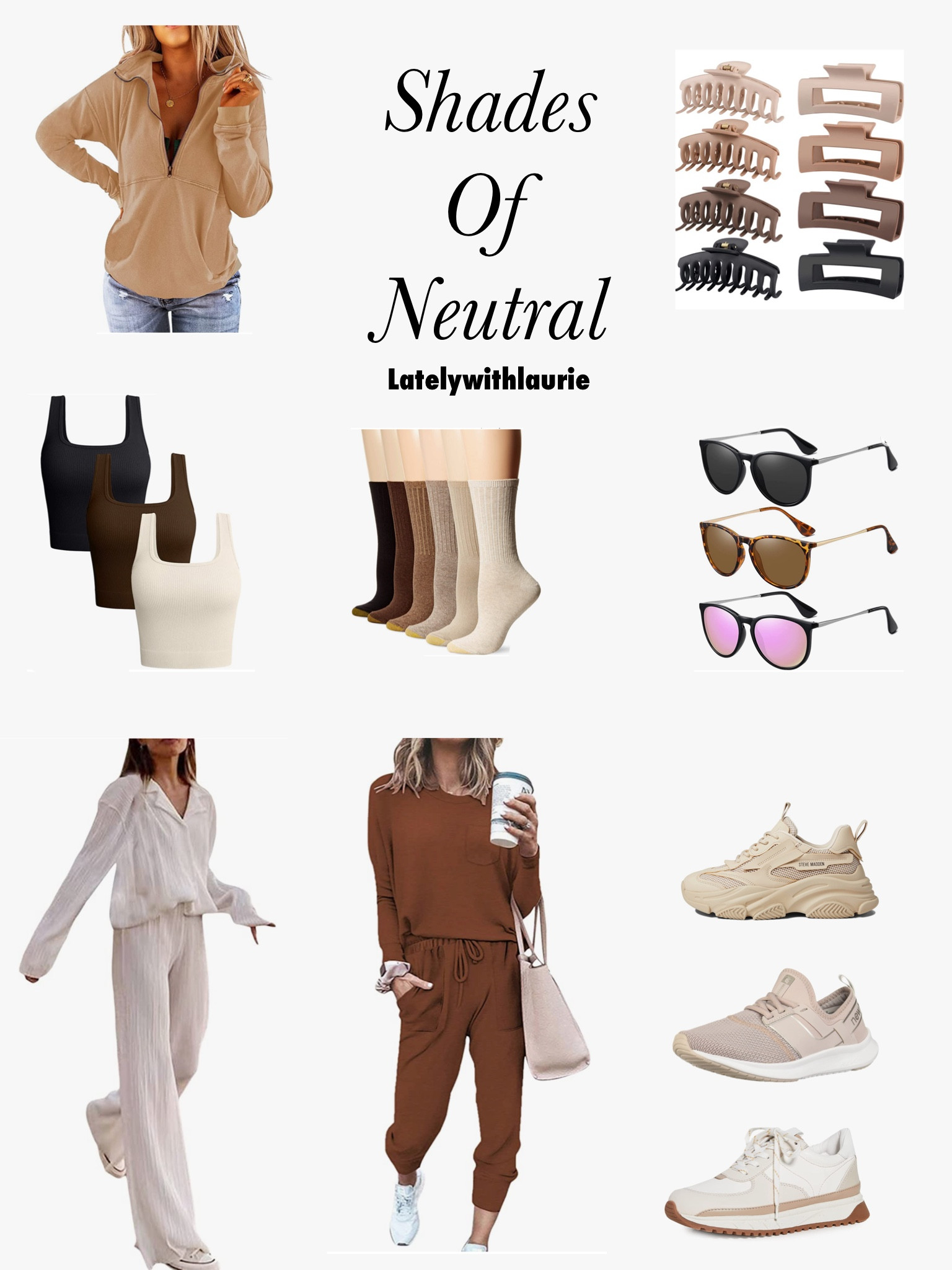 Neutral outfit sets, neutral accessories. Women’s outfit sets, women’s accessories, sunglasses, crew socks, tennis shoes, workout tops 

#LTKcurves #LTKfamily #LTKfit