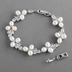 Mariell CZ Freshwater Pearl Bridal Wedding Bracelet for Women, Platinum Plated, 7 1/8" Plus 1/2" ... | Amazon (US)