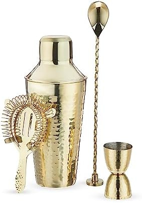 Twine 4-Piece Gold Hammered Cocktail Shaker Set Includes Cobbler Shaker, Strainer, Jigger, Bar Sp... | Amazon (US)