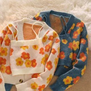 Long-Sleeve Flower Cardigan / Flower Camisole Top | YesStyle Global