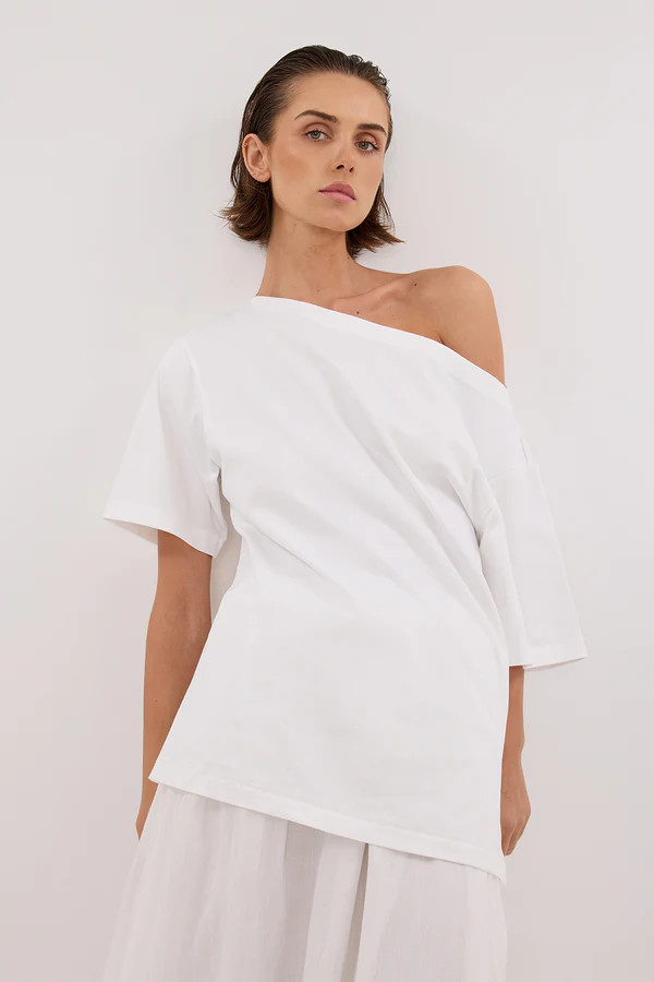 ESME WHITE ASYM BOAT NECK TEE | DISSH