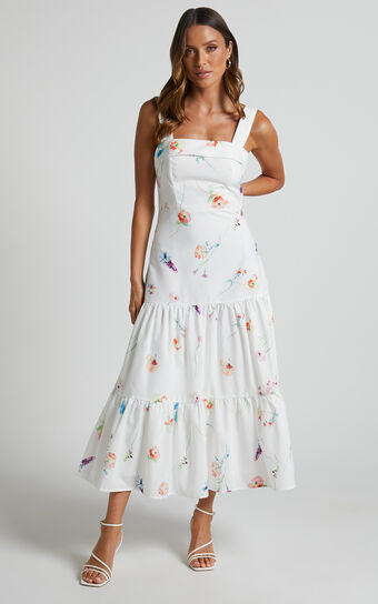 Shineey Midi Dress - Straight Neck Tiered Dress in Painterly Wild Flower | Showpo (US, UK & Europe)
