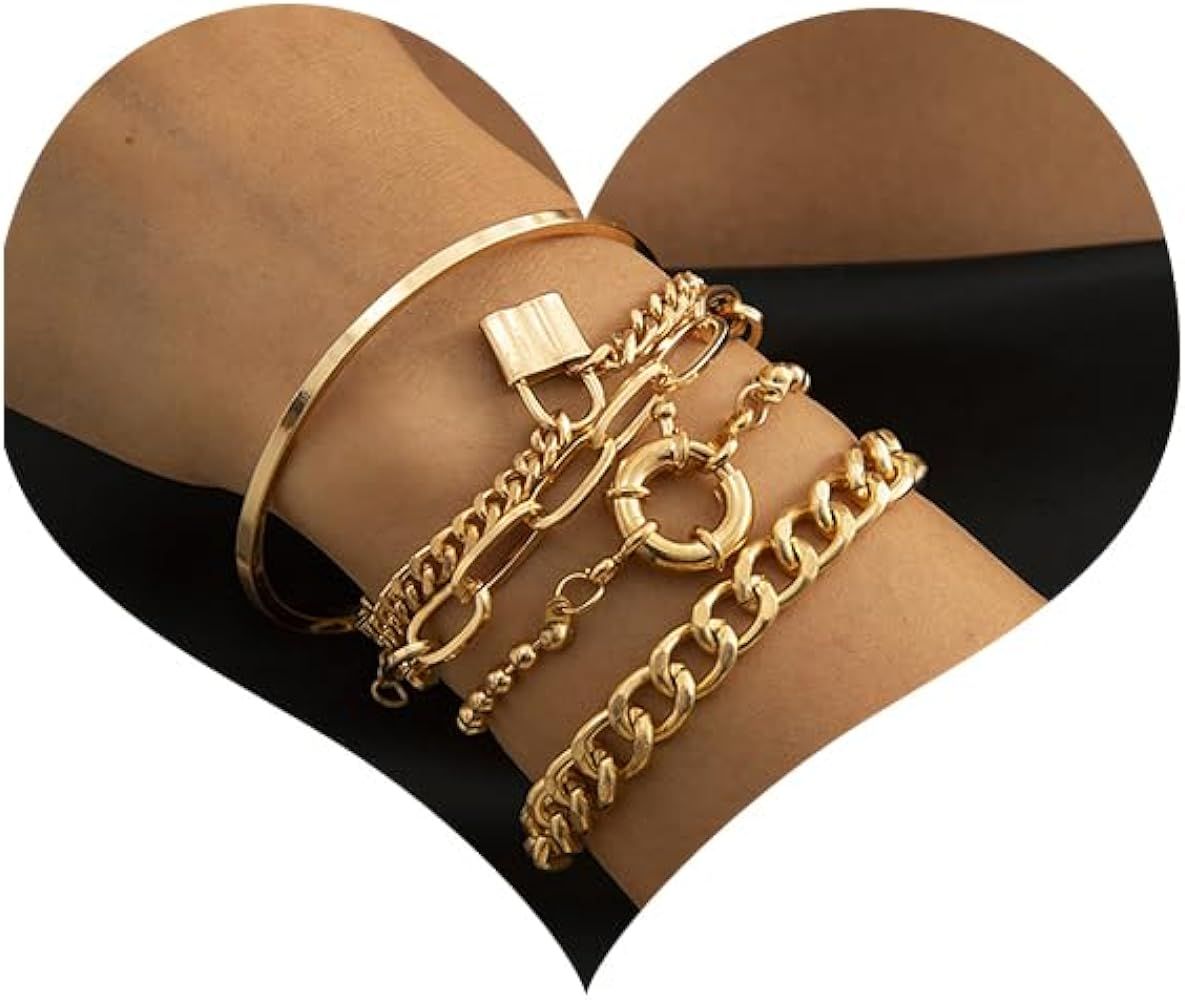 fxmimior Boho Fashion Dainty Boho Gold Silver Chain Stackable Lock Bracelets Set for Women Adjust... | Amazon (US)