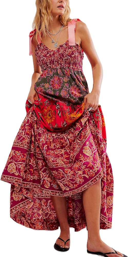 Women Y2k Summer Flowy Maxi Sundress Boho Floral Smocked Beach Dress Cute Shoulder Tie Spaghetti ... | Amazon (US)