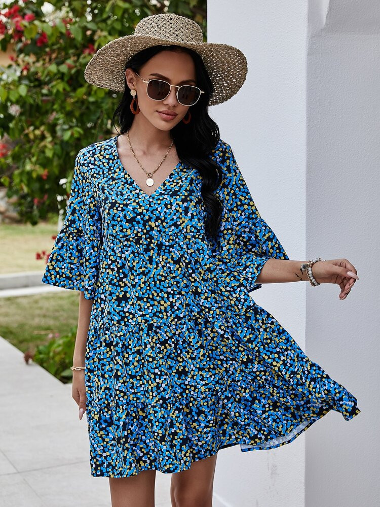 All Over Print Flounce Sleeve Smock Dress | SHEIN