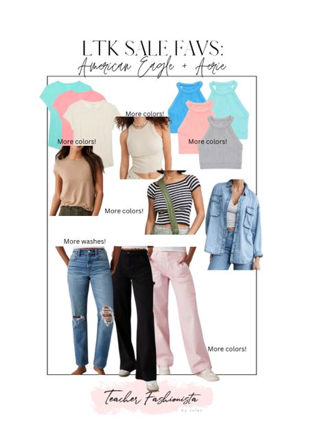 American Eagle spring outfit pieces on sale: relaxed fit pants and denim, bra tops, spring tshirt, and a denim shacket / oversized shirt plus much more on their site😍 25% off here in the LTK app!

I have the ribbed bra top (I got a size M) and the cropped tank (fits TTS, I got a S) from last year and love them!

#LTKSpringSale #LTKsalealert #LTKfindsunder100