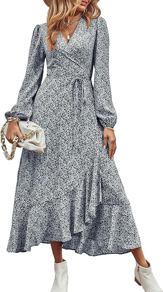 PRETTYGARDEN Women’s Long Sleeve Bohemian Dress V-Neck Floral Print High Split Tie Wrap Midi Flowy D | Amazon (US)