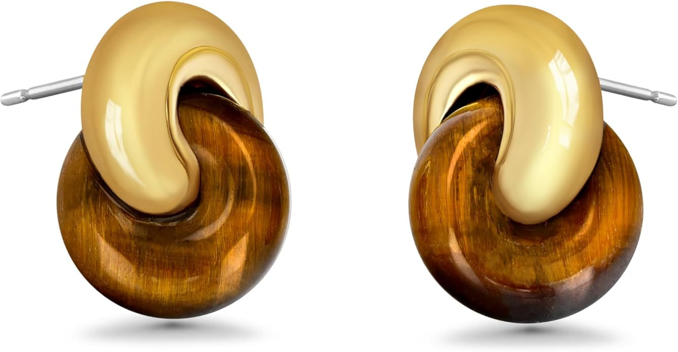 Small Twist Interlock Chunky 18K gold plated Gemstone Natural Stone (Brown, Green, Pink, White) S... | Amazon (US)