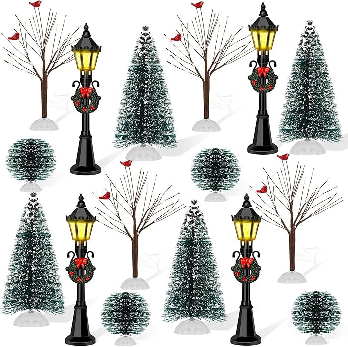 16 PCS Christmas Figurine Village Accessories, Mini Street Light Models with Brush Trees, Miniatu... | Amazon (US)