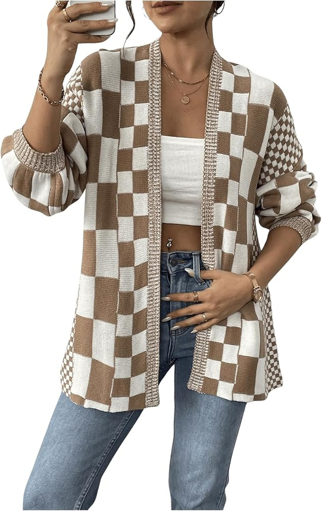 MakeMeChic Women's Checkered Cardigan Sweater Long Sleeve Open Front Oversized Cardigans | Amazon (US)
