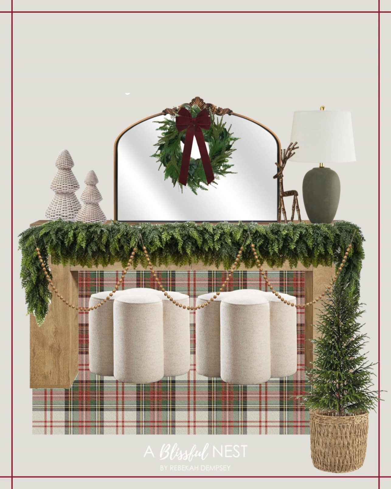 Create a warm holiday welcome with this collection of entryway decor. Click to shop everything.
burgundy velvet bows, plaid area rug, wood bead garland, aluminum twig deer decor, green ceramic pot table lamp, gold traditional vintage mirror, wooden foyer table, white Christmas tree figurines, Norfolk pine tree artificial Christmas tree, Christmas cedar garland, round wicker storage, beige linen ottoman 

 #LTKHoliday #LTKSeasonal #LTKHome
