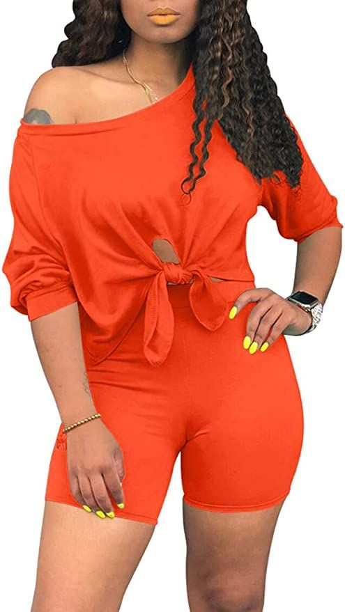 cailami Women's Sexy Summer 2 Piece Outfits Off Shoulder Tie Up Top Biker Shorts Set Tracksuit | Amazon (US)