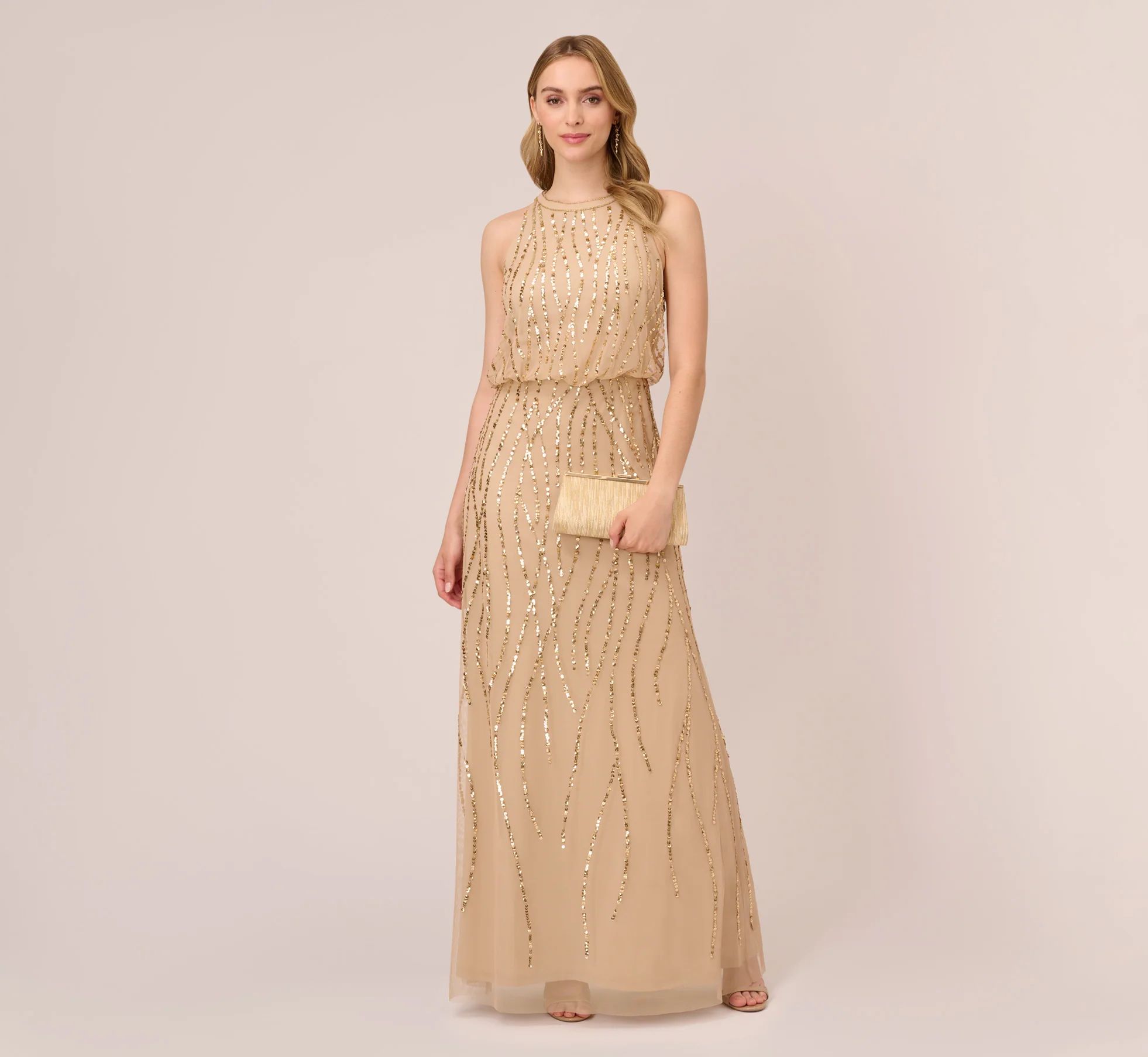 Hand-Beaded Halter Blouson Long Gown In Nude | Adrianna Papell
