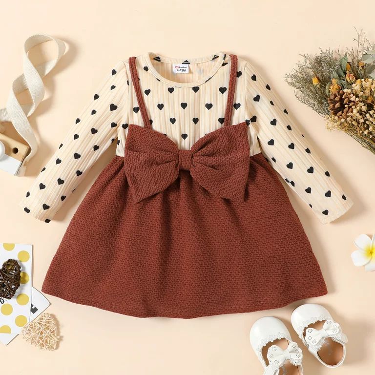 PatPat Baby Girl Love Heart Print Long Sleeve Splicing Solid Bowknot Dress,3-24 Month | Walmart (US)