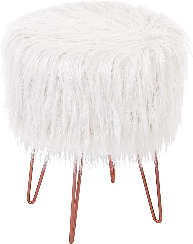 BIRDROCK HOME White Faux Fur Vanity Stool Chair - Soft Furry Compact Padded Seat - Vanity, Living... | Amazon (US)