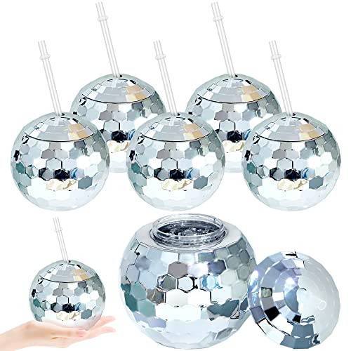 Breroa 6 Pieces Disco Ball Cup with Lid and Straw 20 Ounce Disco Party Cups 1970s Mirror Disco Cocktail Cups Sparkly Glitter Disco Flash Ball Drink Tumbler for Disco Bar Party Supplies, Silver | Amazon (US)