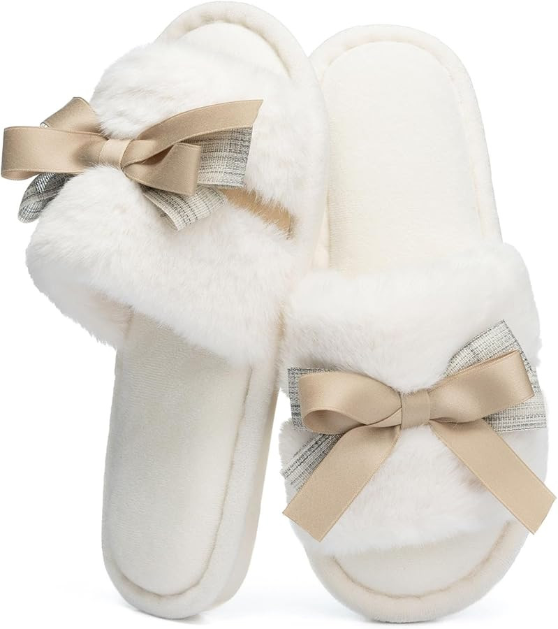 Cute Bow Slippers for Women with Memory Foam Open Toe Fuzzy House Slippers Indoor Outdoor Anti-Sk... | Amazon (US)