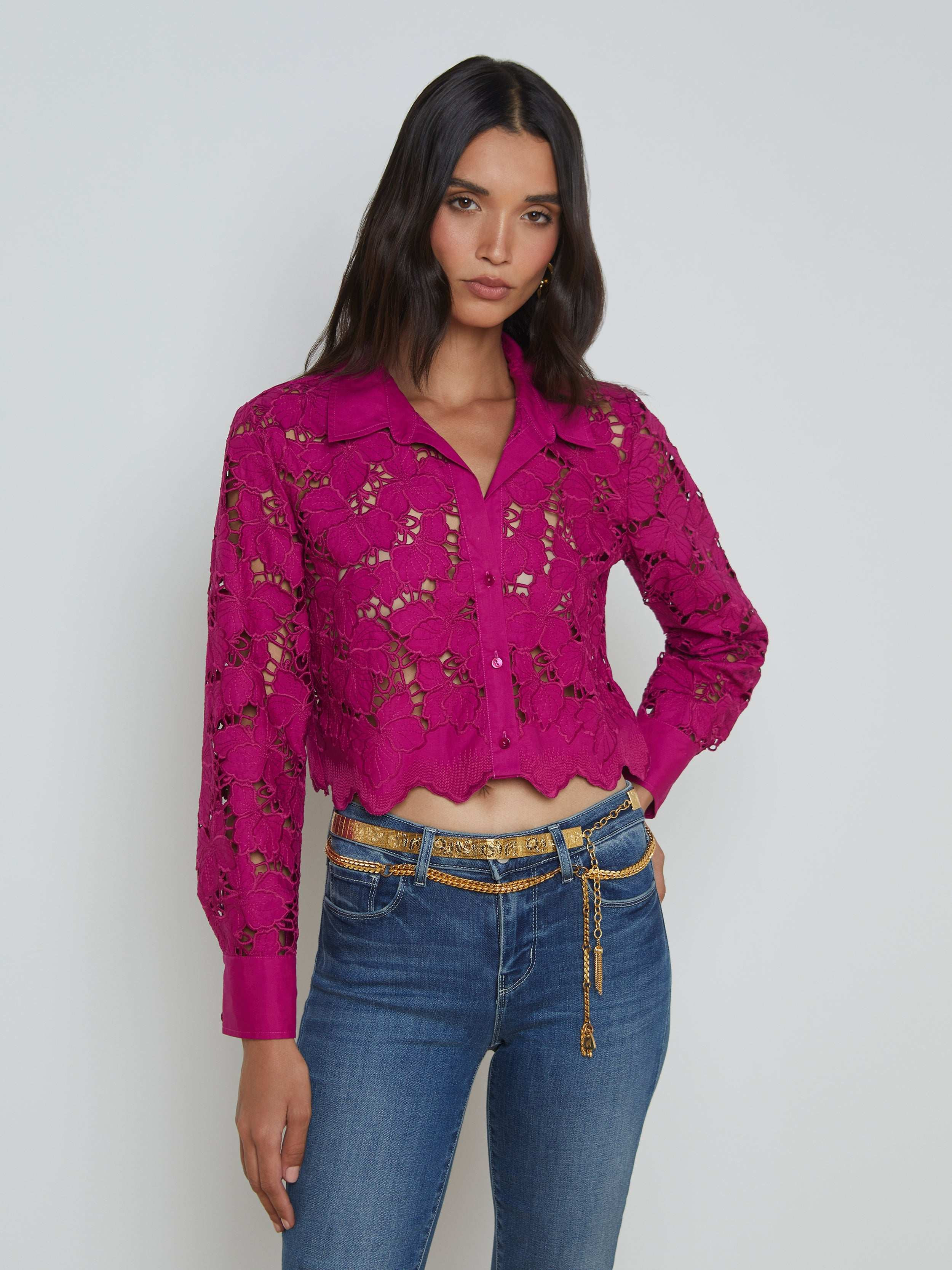 L'AGENCE - Seychelle Lace Cropped Blouse in Ruby | L'Agence