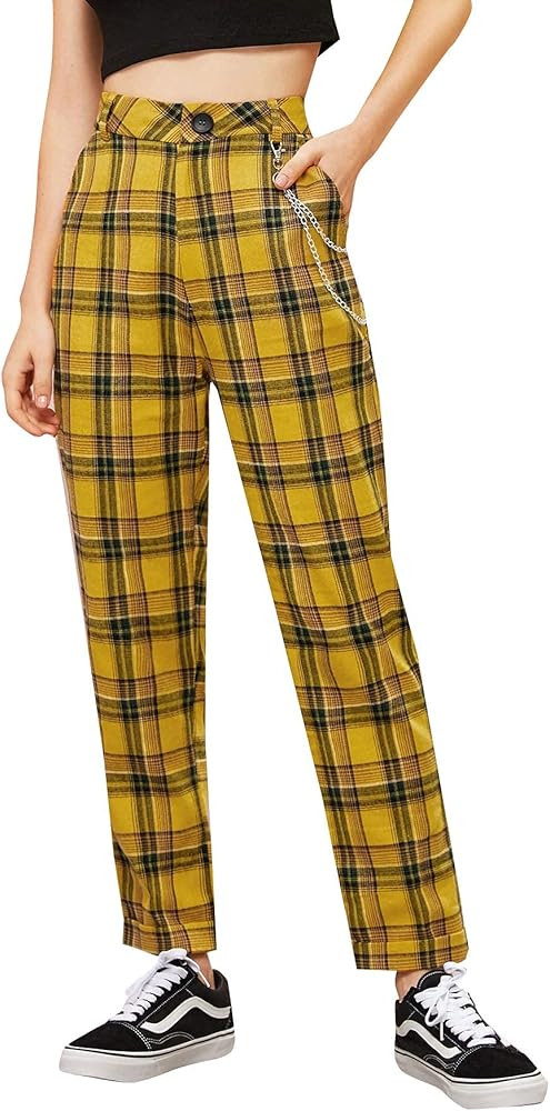 DIDK Women's Tartan Plaid Mid Waist Straight Pants | Amazon (US)