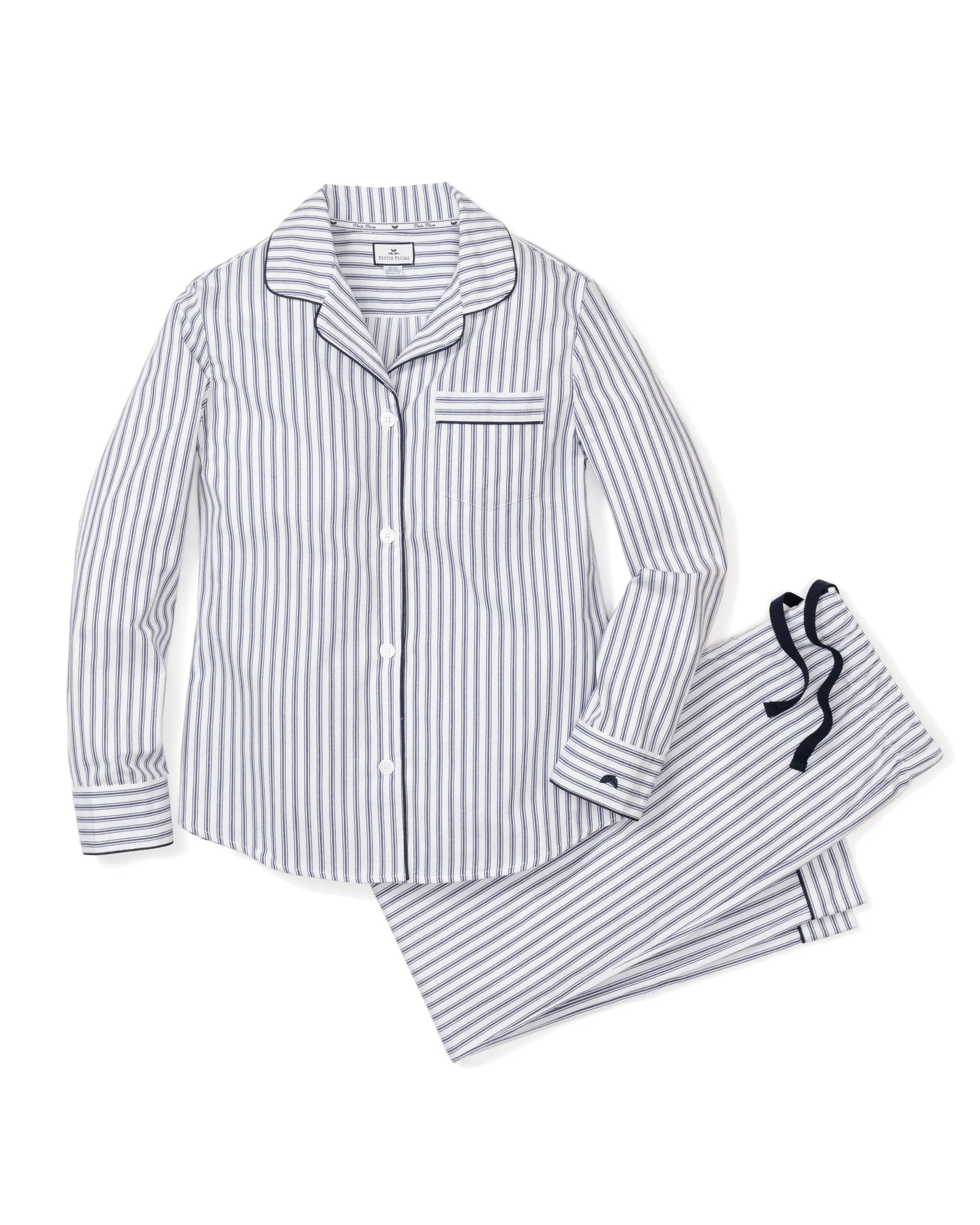 Women's Twill Pajama Set in Navy French Ticking | Petite Plume
