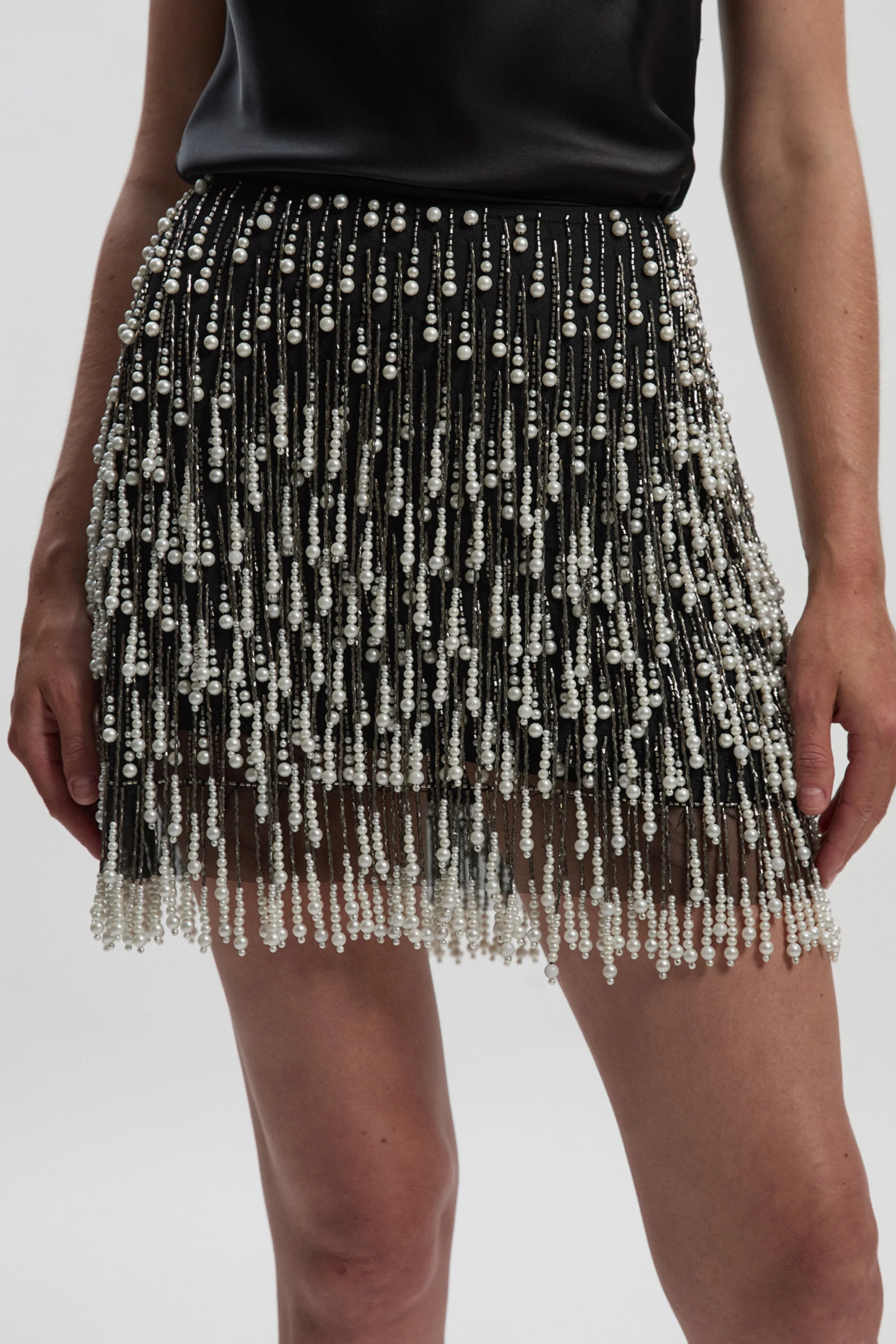 Pearl Tassel Embellished Woven Mini Skirt | Karen Millen UK + IE + DE + NL