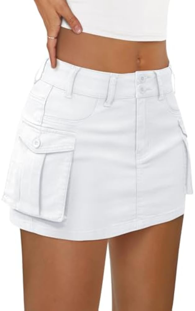 LILLUSORY Women Cargo Mini Skirt Denim Jean Dress with Pocket | Amazon (US)